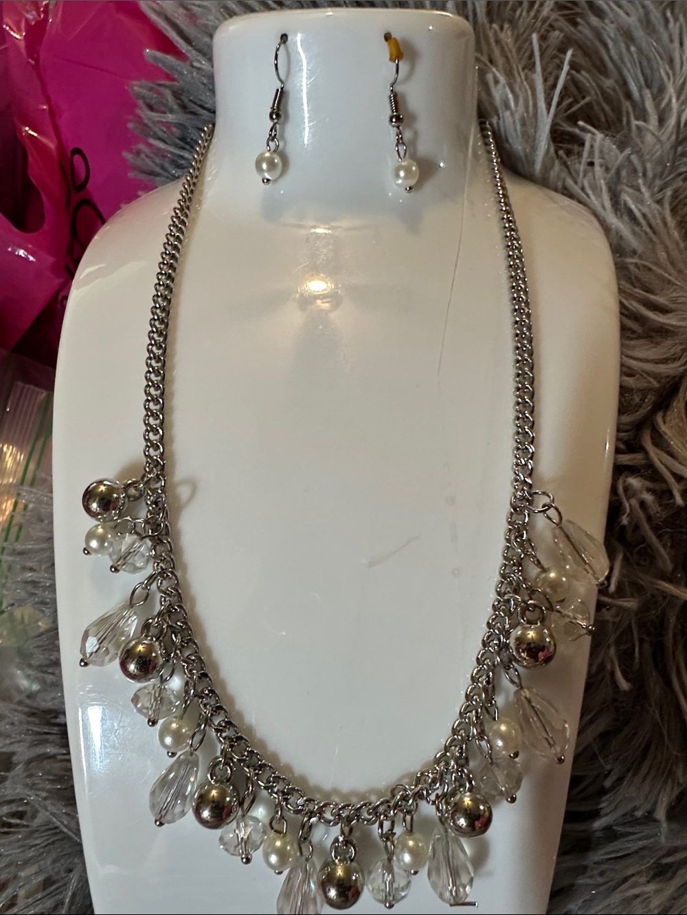 3pcs Silver Pearl and Crystal Dangle Necklace with Matching Earrings